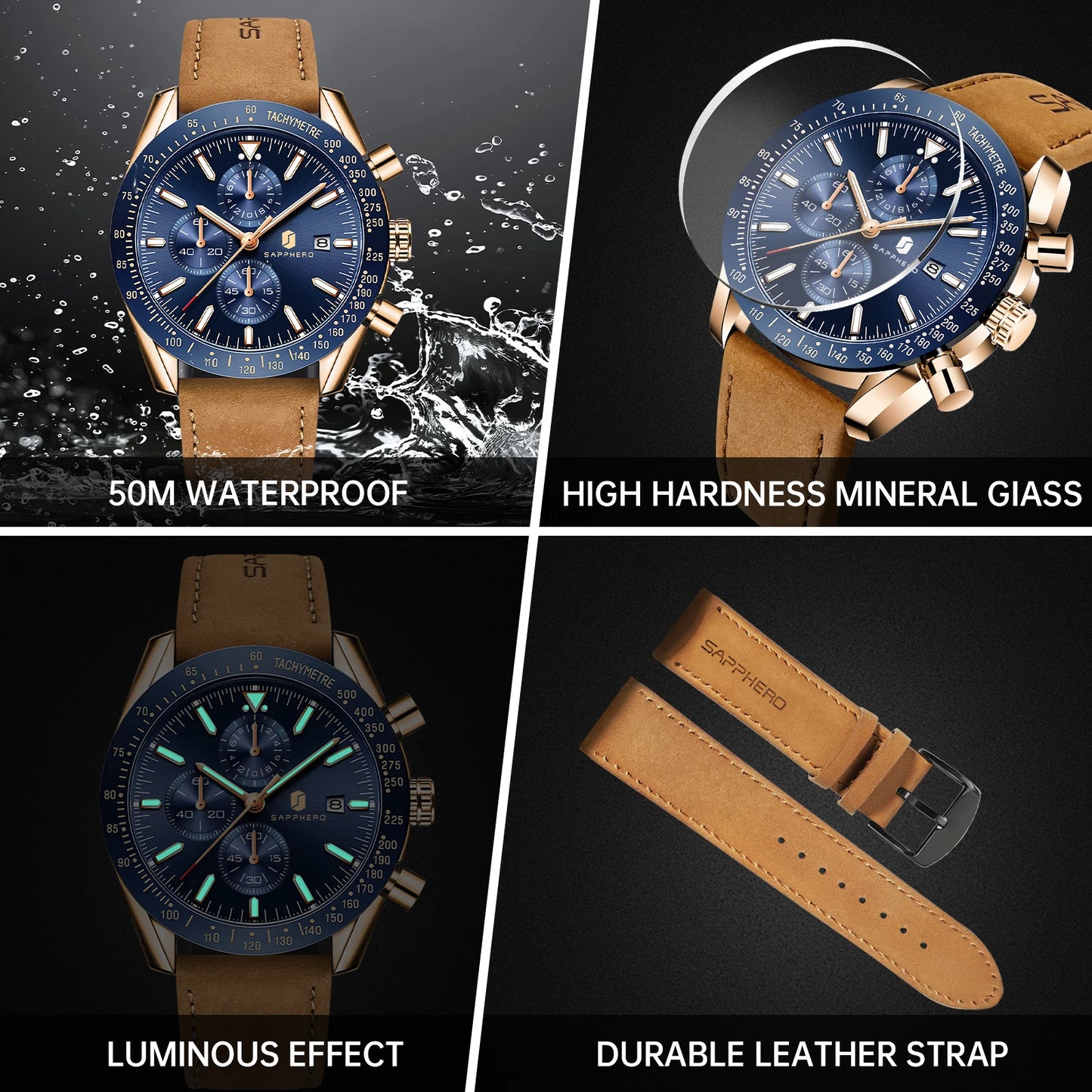SAPPHERO Men Chronograph Watch High Precision Quartz Movement Blue Dial Date Display 50M Waterproof Luxury Sport Wristwatch Gift