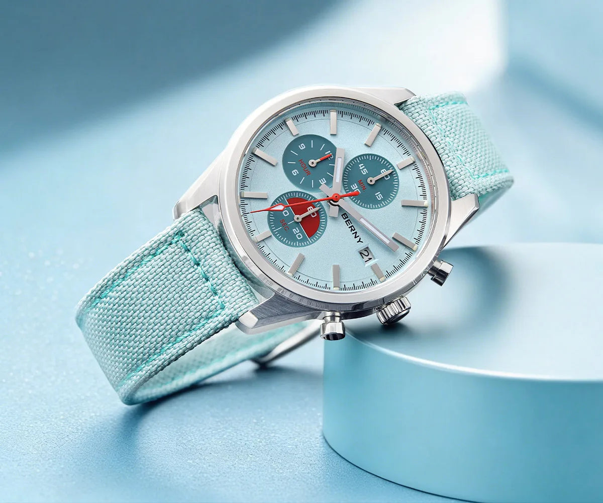 BERNY Chronograph Watch for Men/Women 37mm Dial Woven Fabric Sapphire AR Coated 5ATM Fashion Sport Calendar 316L Couple Watch