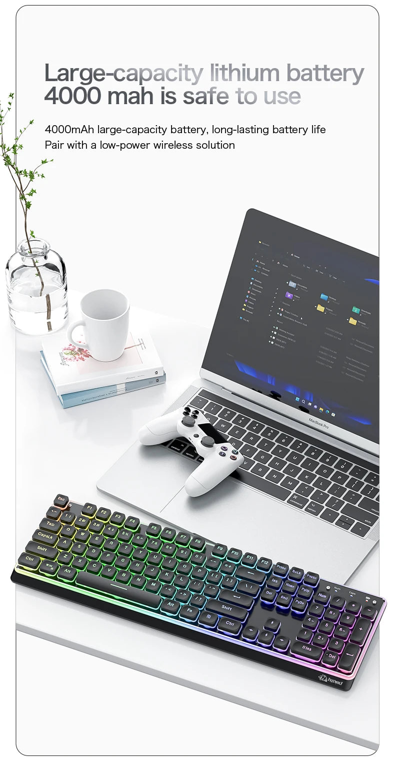 Freewolf M104 Tri-Mode Wireless Keyboard RGB 104 Keys Ultra Slim Quiet Membrane 4000mAh Large Battery for Office & Home