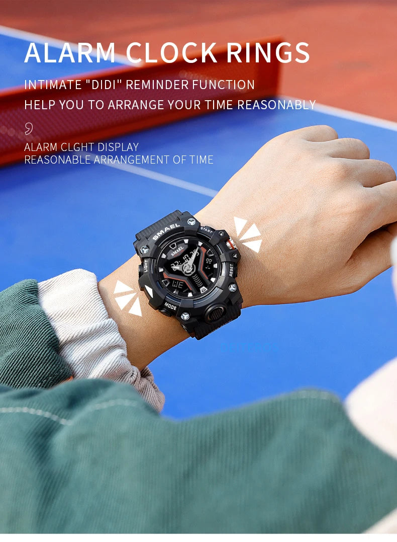 SMAEL 8075 Men's Analog Digital Dual Display Sport Watch - 50M Waterproof LED Backlight Dual Time Alarm Chronograph Stopwatch