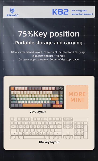APAYADO 75% Gaming Keyboard Wired with Metal Knob, Hot-Swap K82 Black Mechanical Keyboard, ABS Transparent Character RGB
