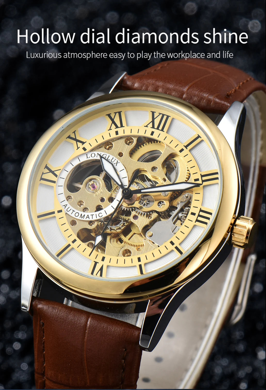 LONGLUX automatic watch rome wholesale mechanical wristwatches waterproof hollow leather mens watch men gift