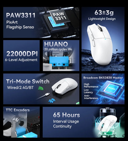 Безжична геймърска мишка ATTACK SHARK X11SE, Tri-Mode, суперлека 63g със сензор PAW3311, 22000 DPI, батерия 300mAh, двоен драйвер