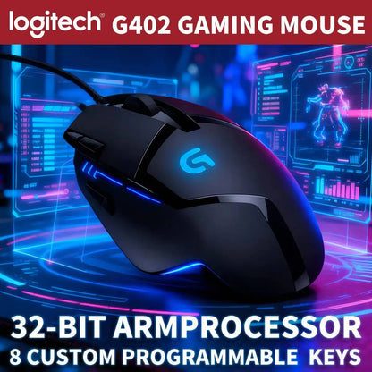Rato Gaming com Fios Logitech G402, Processador ARM de 32-Bit, 8 Botões, 500 IPS, Antiderrapante, para Sessões de Gaming e Trabalho Durante Todo o Dia