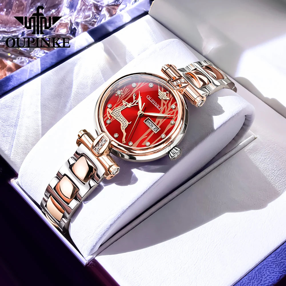 OUPINKE 3180 Watches For Woman Luxury Elegant Automatic Mechanical Watch Deer Dial Stainless Steel Week Date Watch Gift Box