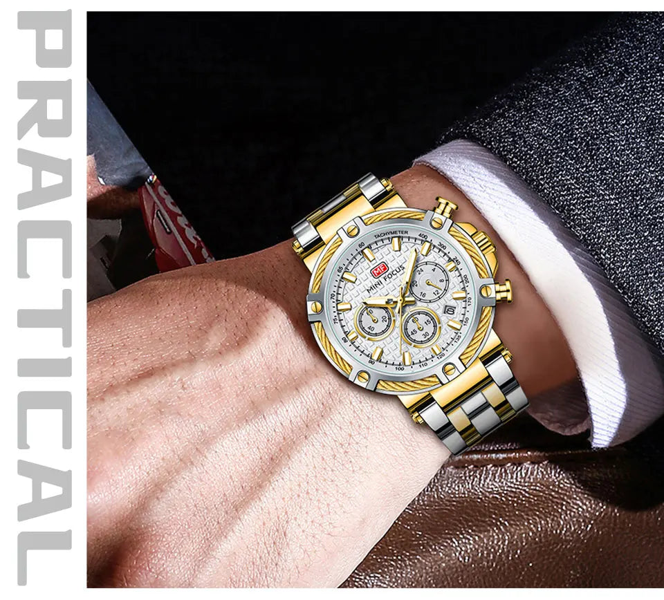 MINI FOCUS Black Stainless Steel Quartz Watch Men Fashion Luminous Dress Wristwatch with Date 24-hour Display Chronograph 0470