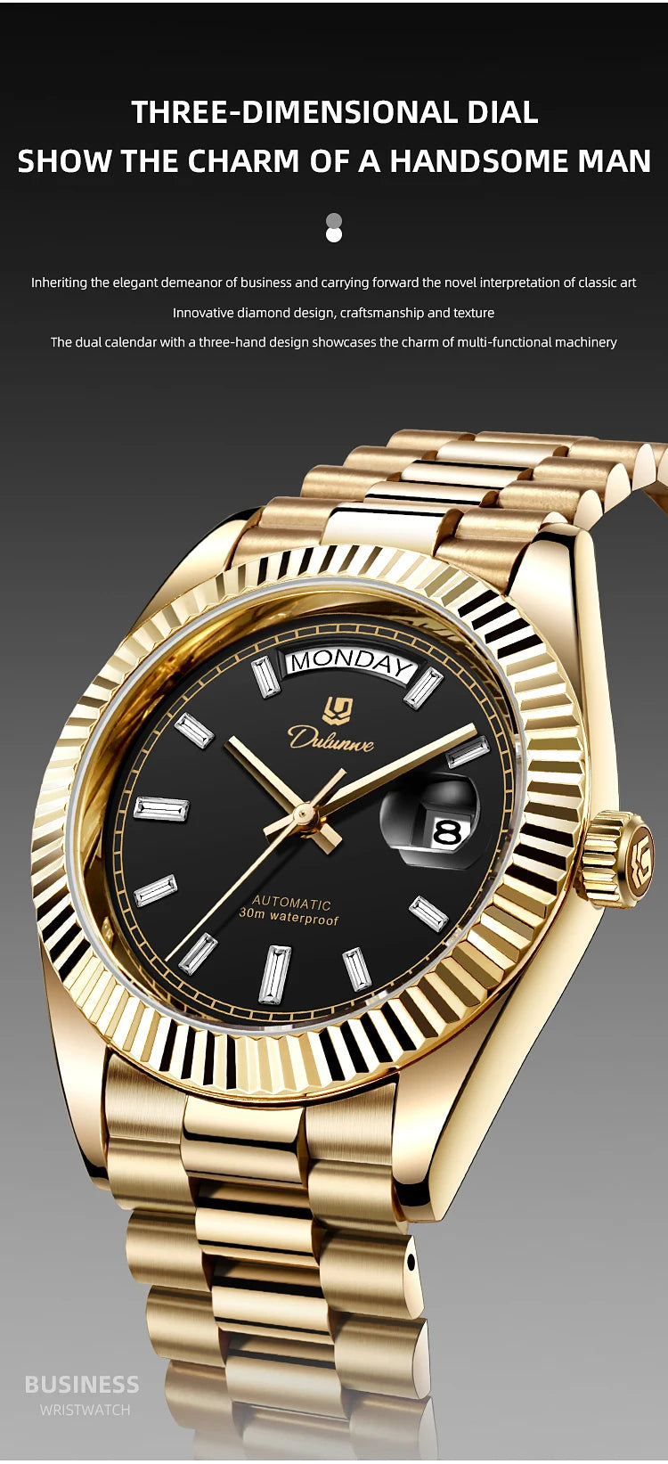 Top Brand Business Men's Watches Luxury Calendar Week Automatic Mechanical Watch for Man Waterproof Gold Stainless Steel