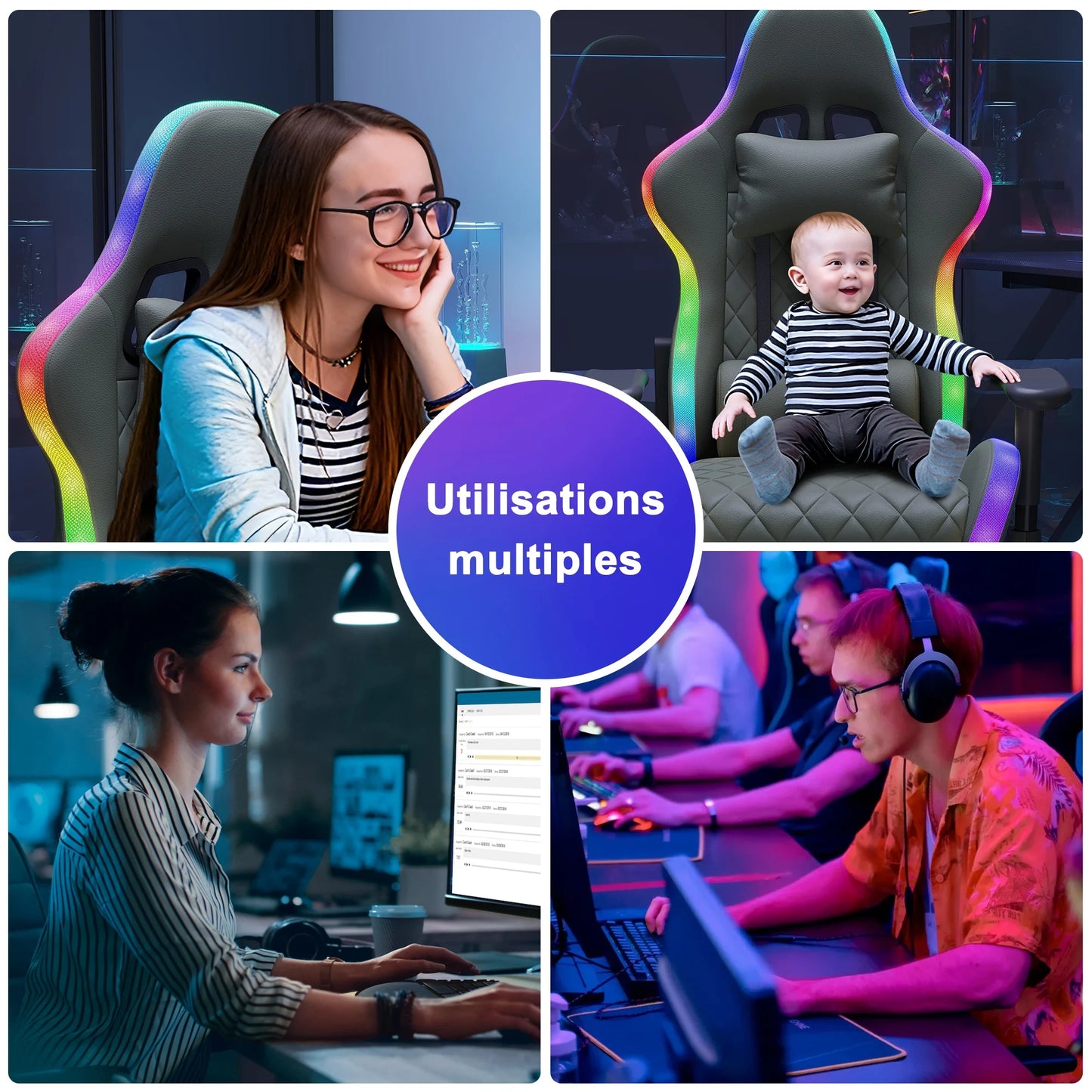 Gaming Chair, Ergonomic Gaming Chair with LED, Adjustable Computer Chair for Teenagers, Lumbar Cushion, Gamer Chair, Black