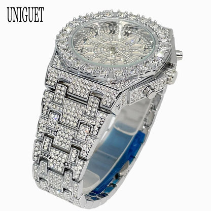 UNIGUET Hip Hop Wristwatch For Men Luxury lce Out Full Diamond Watches Fashion Green Watch Waterproof Clock Man 2026 Hot Sale