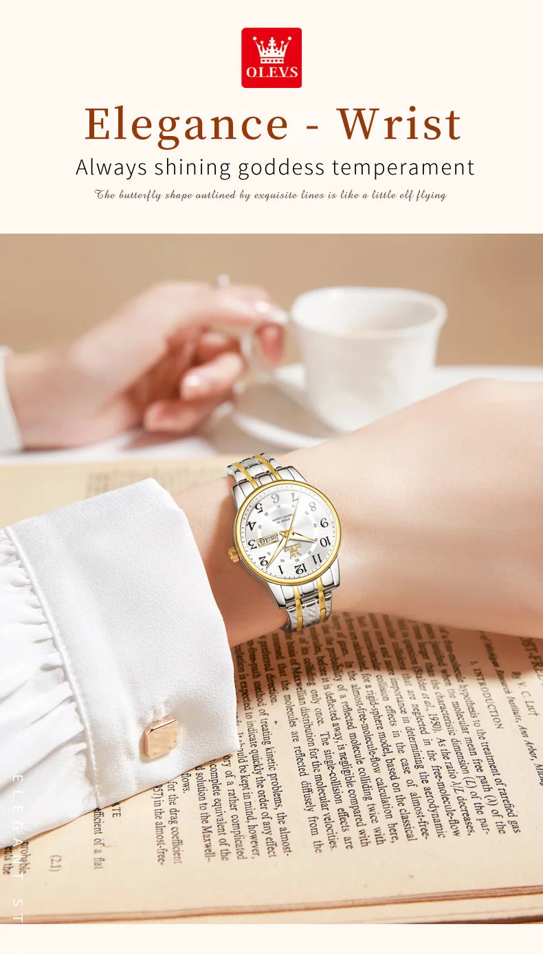 OLEVS 2891 Luxury Brand Fashion Women's Watches Waterproof Luminous Quartz Watch Dual Calendar Stainless Steel Strap Wristwatch