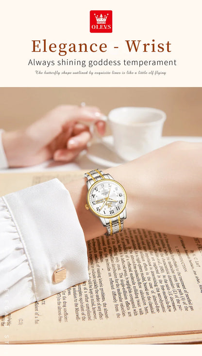 OLEVS 2891 Luxury Brand Fashion Women's Watches Waterproof Luminous Quartz Watch Dual Calendar Stainless Steel Strap Wristwatch