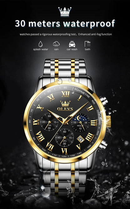 Relógio de Homem OLEVS 5529 de Marca Top Luxury, Impermeável, Luminoso, em Aço Inoxidável, com Fase Lunar e Código de Temporização, Novo Relógio de Quartzo para Homem