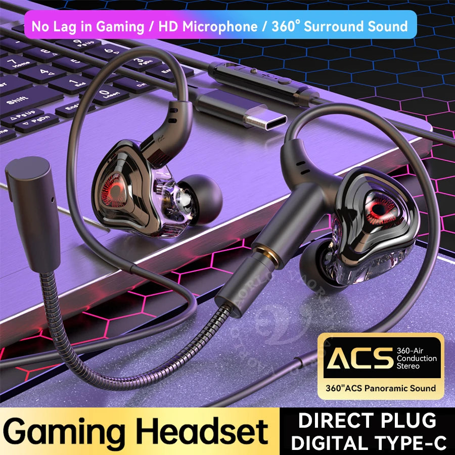 3.5mm/Type-C/USB E-sports Gaming Headset 360° Surround Sound, HiFi Stereo Wired Headphone in-ear dual Mic, PUBG Gaming Earphone