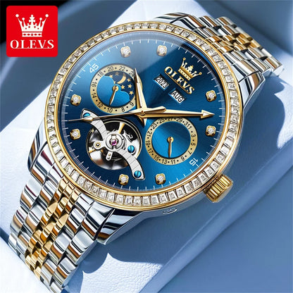 OLEVS 7016 Luxury Automatic Watch Men Skeleton Tourbillon Moon Phase Calendar Waterproof Stainless Steel Mechanical Wristwatch