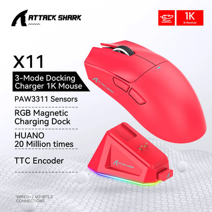 Attack Shark R1/X11 Tri-Mode Wireless Gaming Mouse, 18,000 DPI PAW3311 Bluetooth, 2.4GHz & Wired Lightweight Programmable Gaming Mouse for PC & Laptop