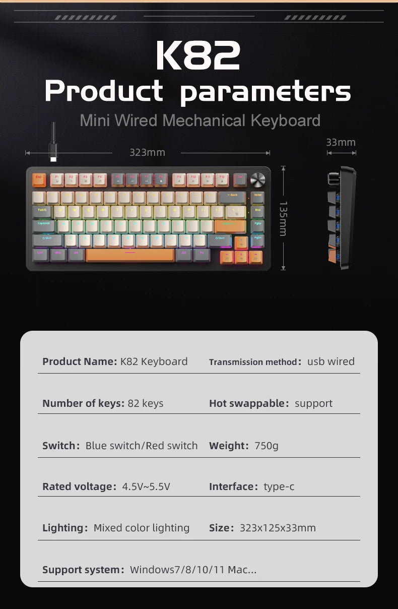 75% Mechanical Keyboard Wired with Media Knob, APAYADO Black Gaming Keyboard, Hot-Swap, ABS Cap Transparent Character Backlighting