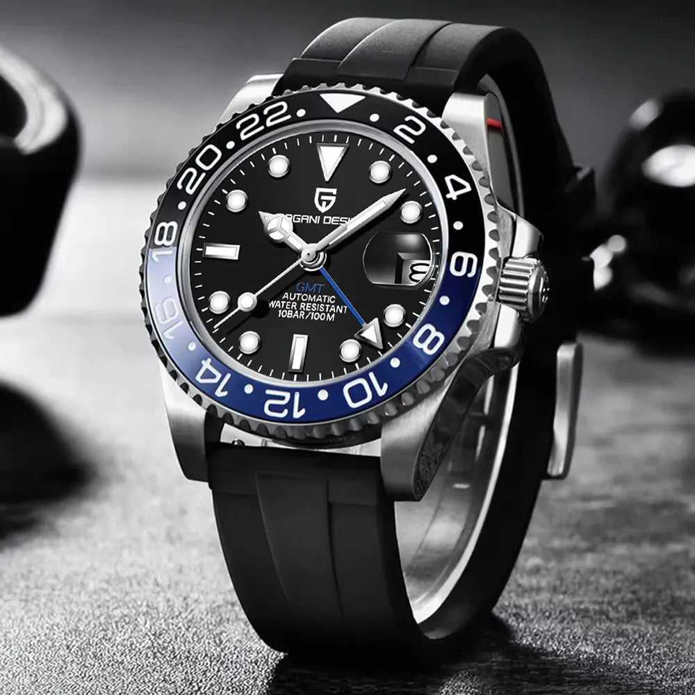 PAGANI DESIGN 40mm GMT Men's Mechanical Watches Rubber Strap Rotating Bezel 100 Waterproof Sports Wristwatch Mens Business Clock