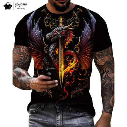 T-shirts för herr med drakmönster, kortärmad T-shirt, trendig streetwear-topp med O-ringning, djurmönster i 3D-tryck, lös och mångsidig herrklädsel
