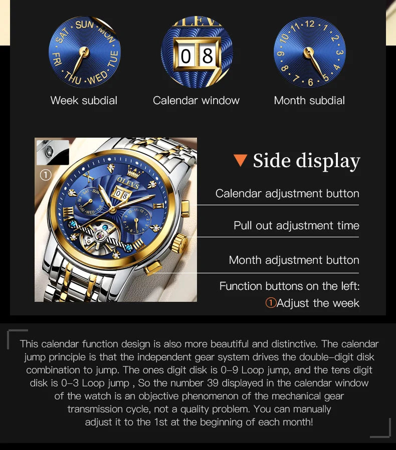 OLEVS 9910 Mens Watch Original Luxury Tourbillon Automatic Mechanical Watche Waterproof Luminous  Day-Date Watch With Box Reloj
