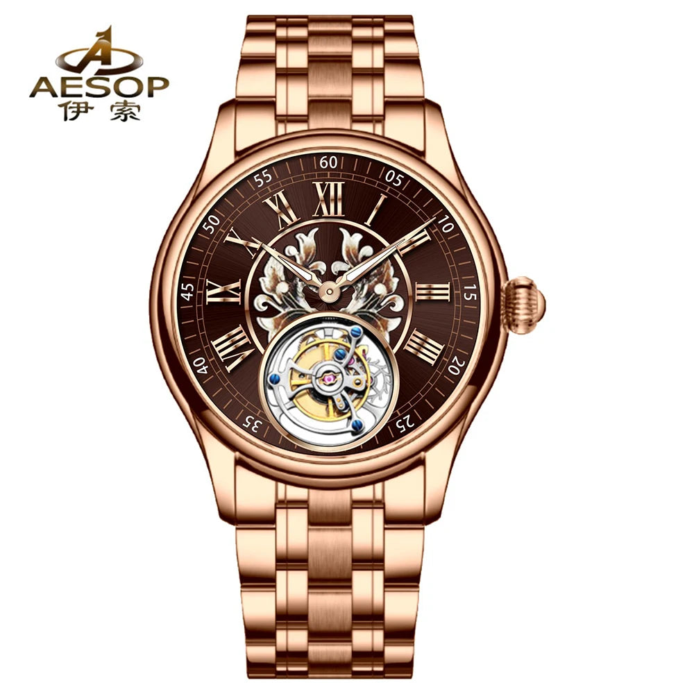 aesop Men's Watch Automatic Movement Mechanical Tourbillon Watch Skeleton Design Stainless Steel Case Waterproof Men's Watch 202