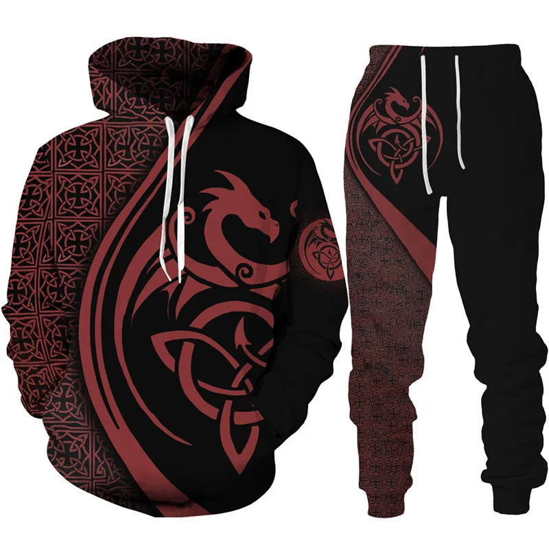 Conjunto de fato de treino para homem e mulher com estampado 3D de dragão retro tatuado, hoodie casual + calças, conjunto de 2 peças, sweatshirt oversized, moda masculina