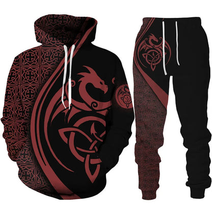 Conjunto de fato de treino para homem e mulher com estampado 3D de dragão retro tatuado, hoodie casual + calças, conjunto de 2 peças, sweatshirt oversized, moda masculina
