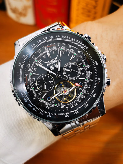 Jaragar Military Sports Automatic Watch for Men Multifunction Dial Tourbillon Skeleton Mechanical Watches Luxury Steel Band Glow