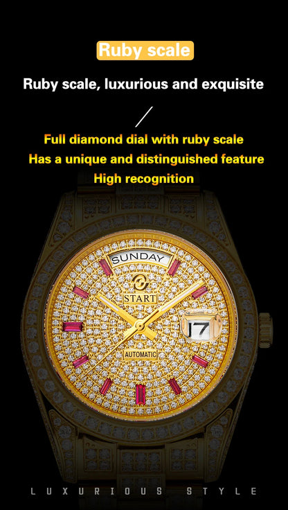 【START】Men's Watch Swiss Automatic Mechanical Movement Diamond Watch Waterproof Date Week Function Golden Watch