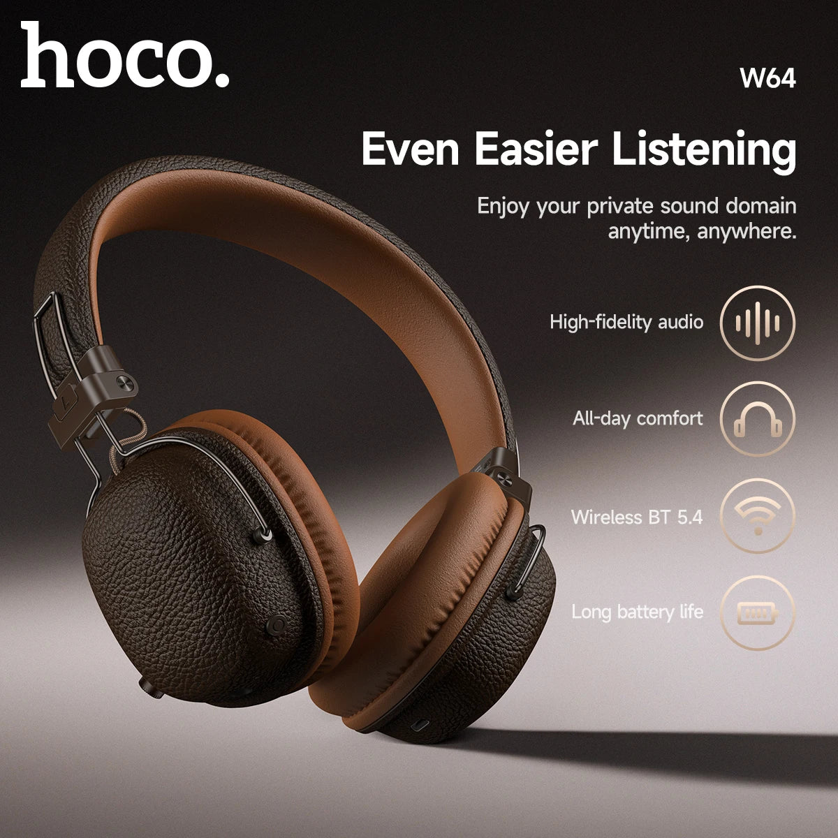 HOCO W64 Retro Bluetooth 5.4 Wireless Headphones with 40mm Deep Bass, PU Leather Over-Ear HiFi Music Headset for Sports & Travel