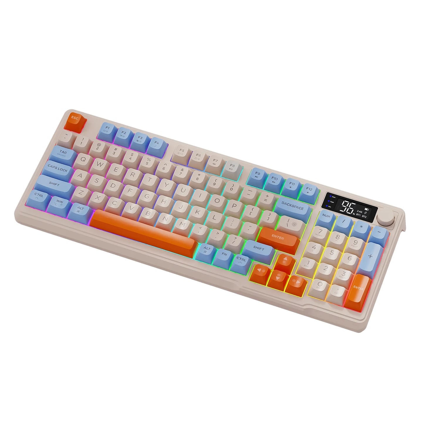 M96 Bluetooth Wireless Keyboard FREEWOLF Digital Display, RGB Backlight, 2000mAh Battery & PBT Keycaps for PC/Laptop