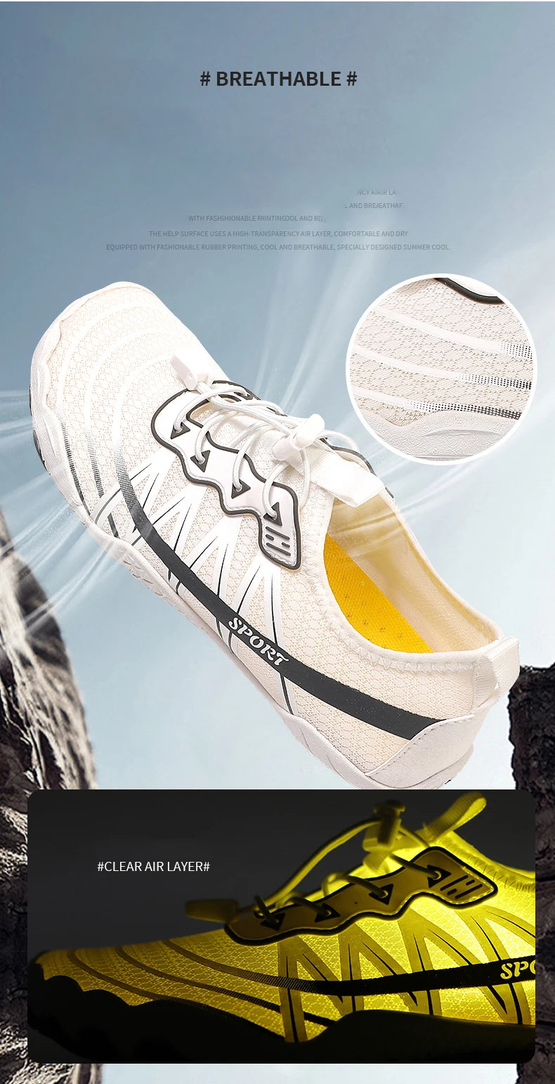 Novos sapatos aquáticos 2025 barefoot para praia e desporto, sapatos de natação antiderrapantes de alta qualidade, sapatos desportivos casuais de cinco dedos unissexo