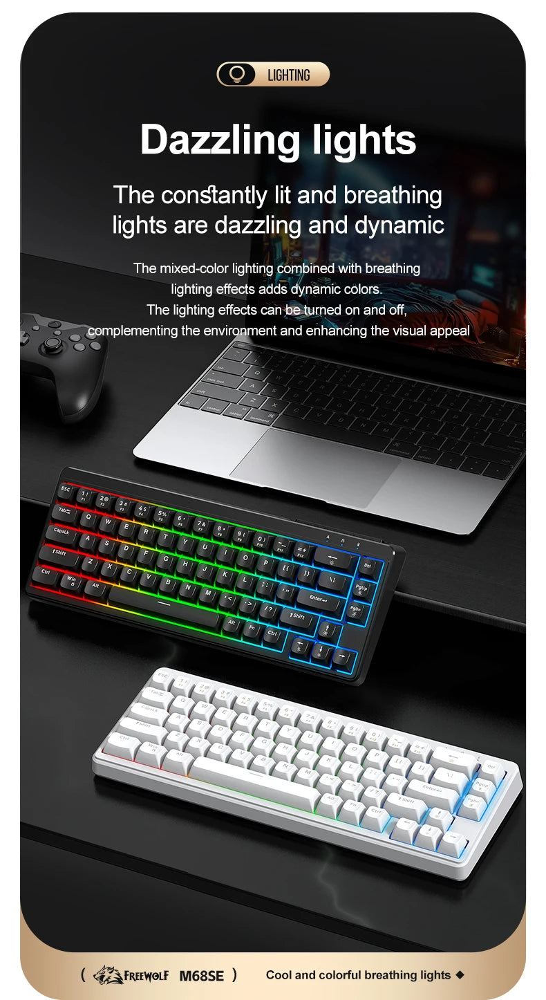 FREEWOLF M68SE 68 Key Mini Wired Keyboard RGB Backlit Type-C 68% Layout Compact Gaming Office PC Laptop