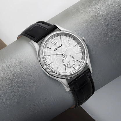 BERNY Men's Watches Luxury Classic Stylish Dress Quartz Watch Slim Stainless Steel Case Elegance Leather Strap Wristwatch