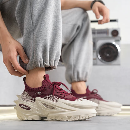 Mens Sports Shoes Elastic Thick Soled Anti Slip Outdoor Fitness Shoes Versatile Daily Wear Casual Street Fashion Walking Shoes