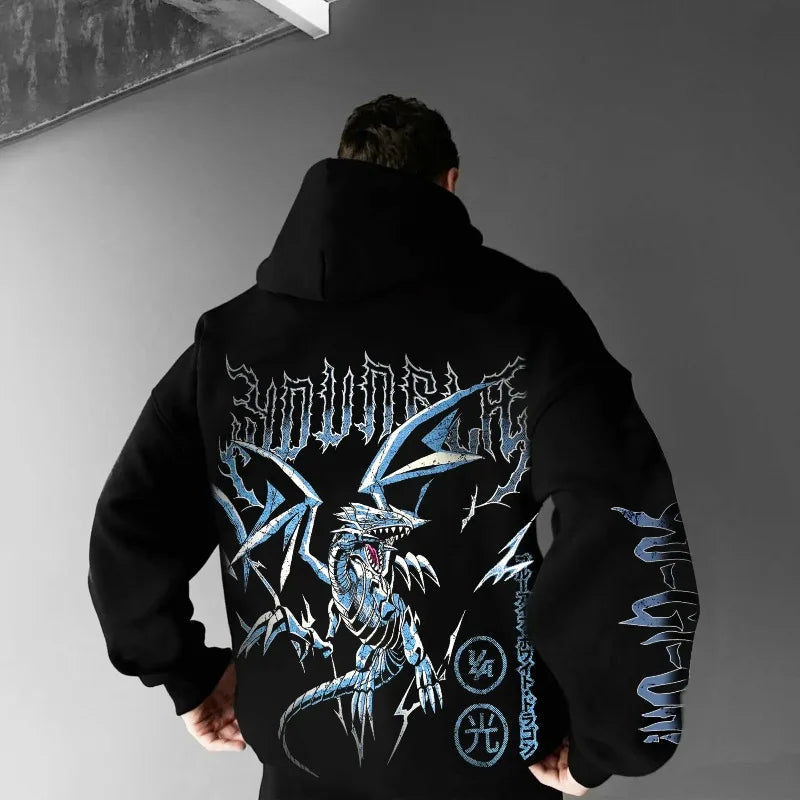 Klassisk anime Yu-Gi-Oh-karaktär Blue-Eyes White Dragon tryckt tjock och vid hoodie för män, höst/vinter, Y2K Halloween COS