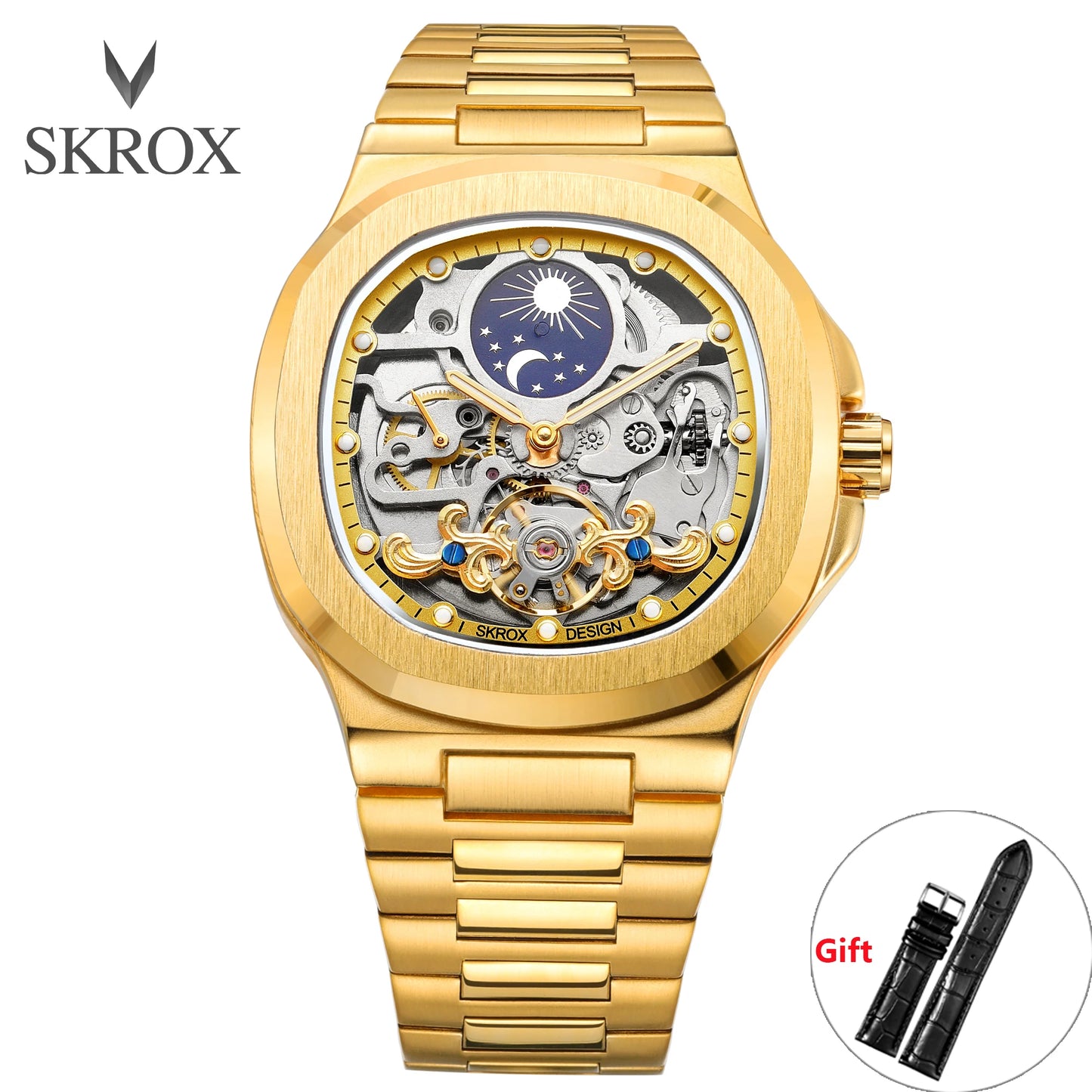 2026 High-end Luxury SKROX Square Man Watch Sapphire Stainless Steel Skeleton Moon Phase Classic Automatic Movement Male Watches