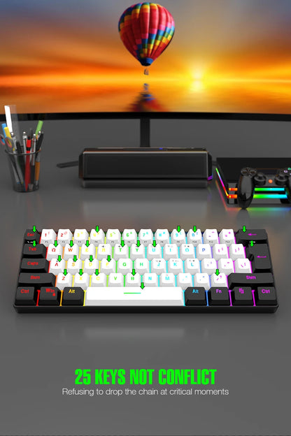 60% compact wired keyboard with 61 key membrane layout, RGB backlighting, ergonomic design, small and portable office computer