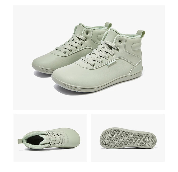 HOBIBEAR Unisex Winter Barefoot Shoes Womens Men Wide Toe Box Faux Fur Lined Ankle Sneakers Artificial Leather Lace Up Shoes