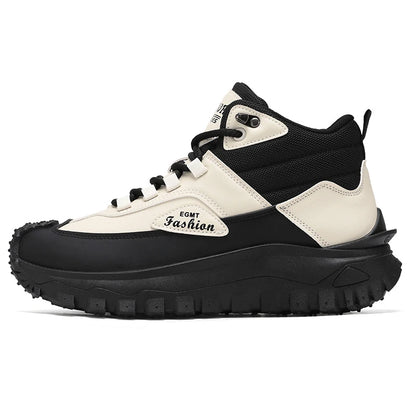 Men'S Black And White Mid Top Hiking Boots Waterproof Leather Platform Sneakers Non Slip Outdoor Casual Shoes With Rugged Sole