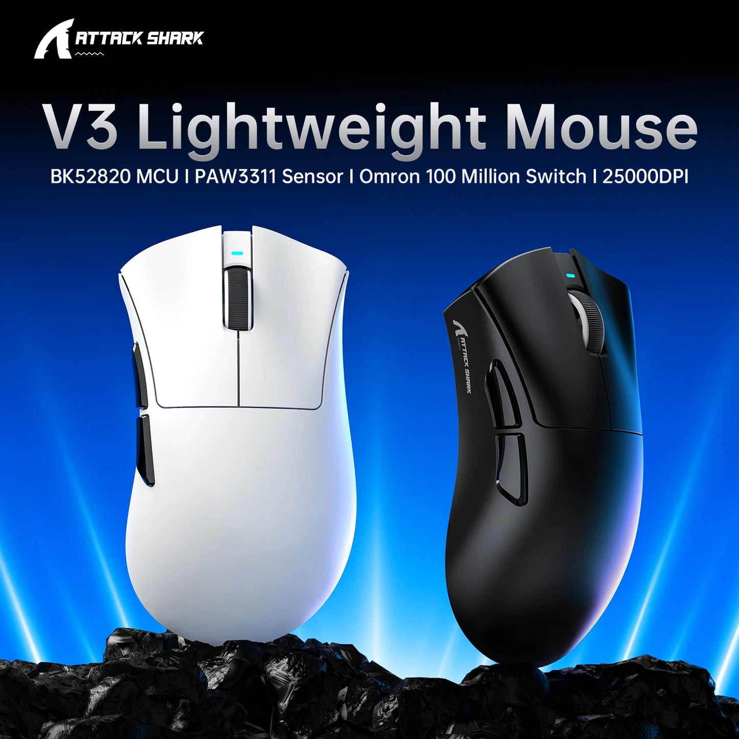 ATTACK SHARK V3 Superlight Wireless Gaming Mouse, 62g PixArt PAW3311 Sensor, Tri-Mode BT/2.4G/Wired, 25000 DPI RGB Gaming Mouse