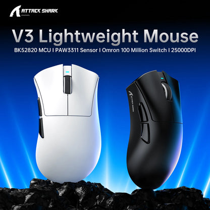 ATTACK SHARK V3 Superlight Wireless Gaming Mouse, 62g PixArt PAW3311 Sensor, Tri-Mode BT/2.4G/Wired, 25000 DPI RGB Gaming Mouse