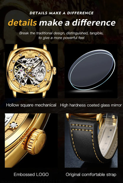OLEVS 6651 Men's Watch Classic Automatic Mechanical Watch For Men Hollow Skeleton Clock Luxury Leather Waterproof Wrist Watches