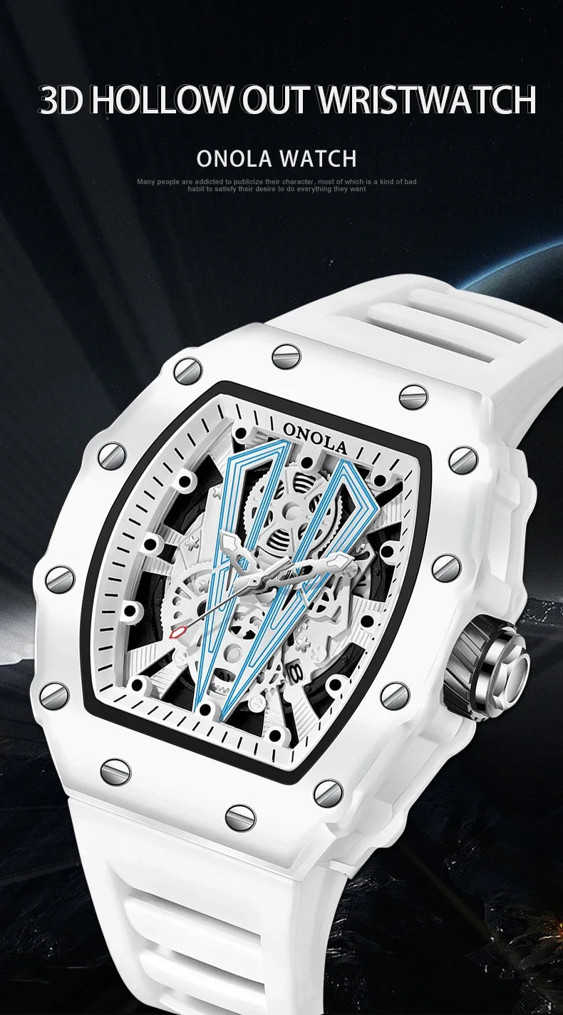 Gift Box Watches for Man ONOLA 3826W Trend White Men Watch Tonneau Calendar Waterproof Silicone Strap Relogios Masculino