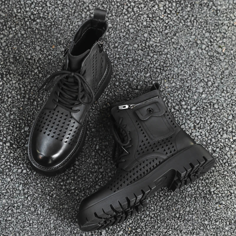 Non-Slip Men's High Top Casual Leather Shoes Street Style Motorcycle Boots New Stylish Ankle Boots Thick Bottom Walking Footwear