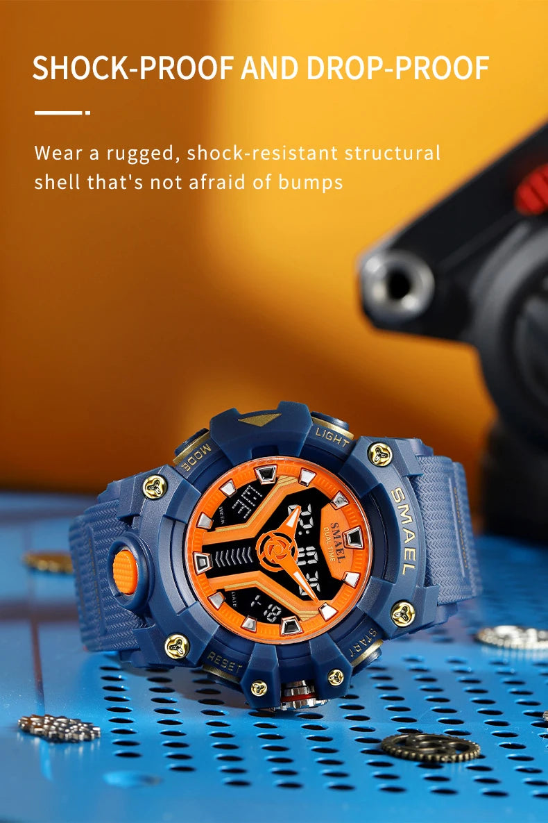 SMAEL 8075 Men's Analog Digital Dual Display Sport Watch - 50M Waterproof LED Backlight Dual Time Alarm Chronograph Stopwatch