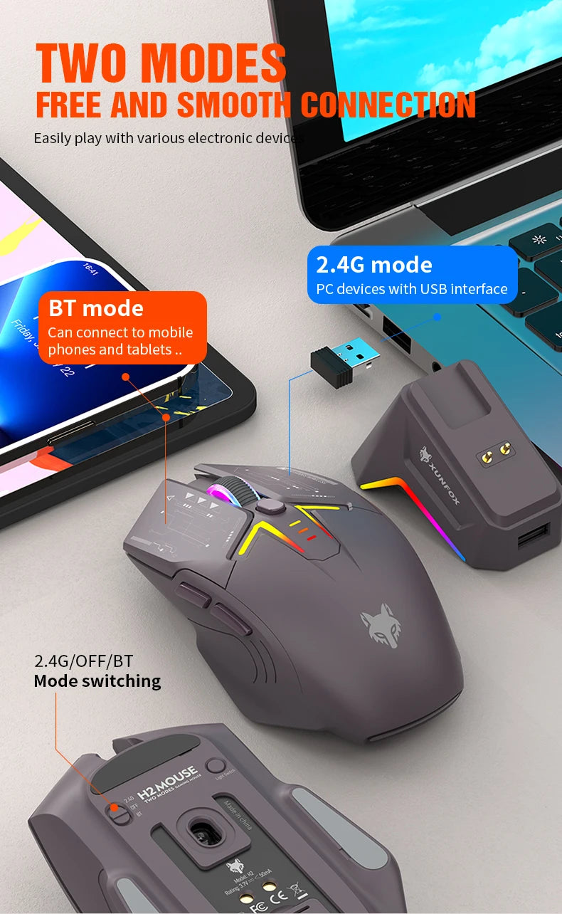 Rato XUNSVFOX H2 sem fios Bluetooth de modo duplo, iluminação RGB, para portátil, gaming e escritório, com carregamento magnético