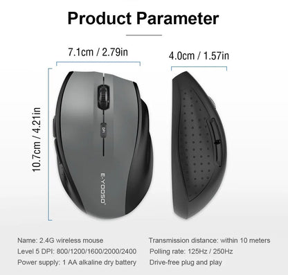 E-YOOSO E-1010 Wireless Gaming Mouse 2.4G USB Optical Mouse, 2400 DPI Ergonomic Wireless Gaming Mouse for Laptop, PC & Office