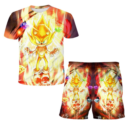 New Boys T-shirt Sonic The Hedgehog 3D T-shirt Set for Boys Girls Cute Summer Top + Shorts Children's Short-Sleeve Birthday Gift