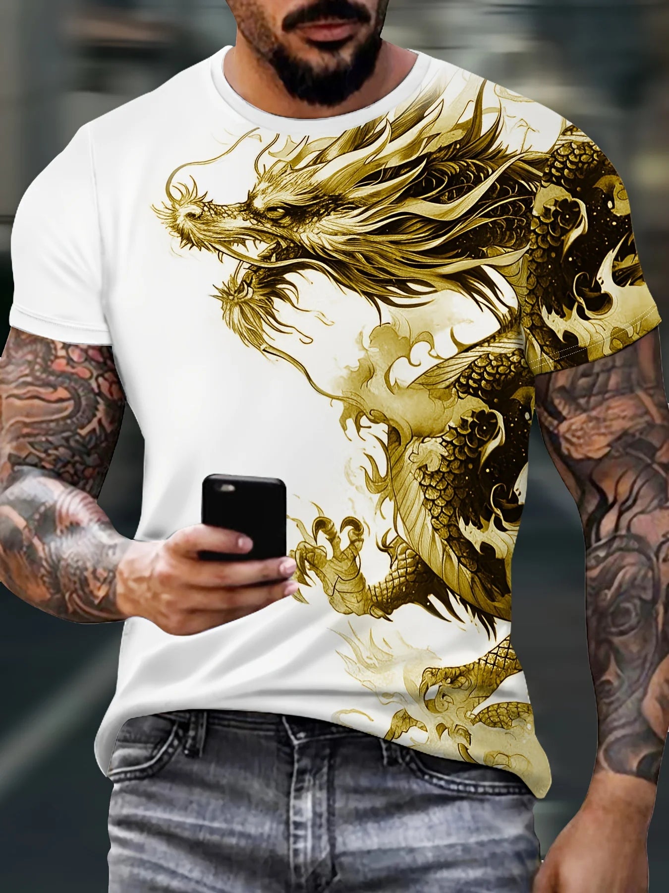 T-shirt til mænd med drageprint, afslappet åndbart stof, grafisk tee i street style, udendørs mode, kortærmet skjorte, herre-T-shirts