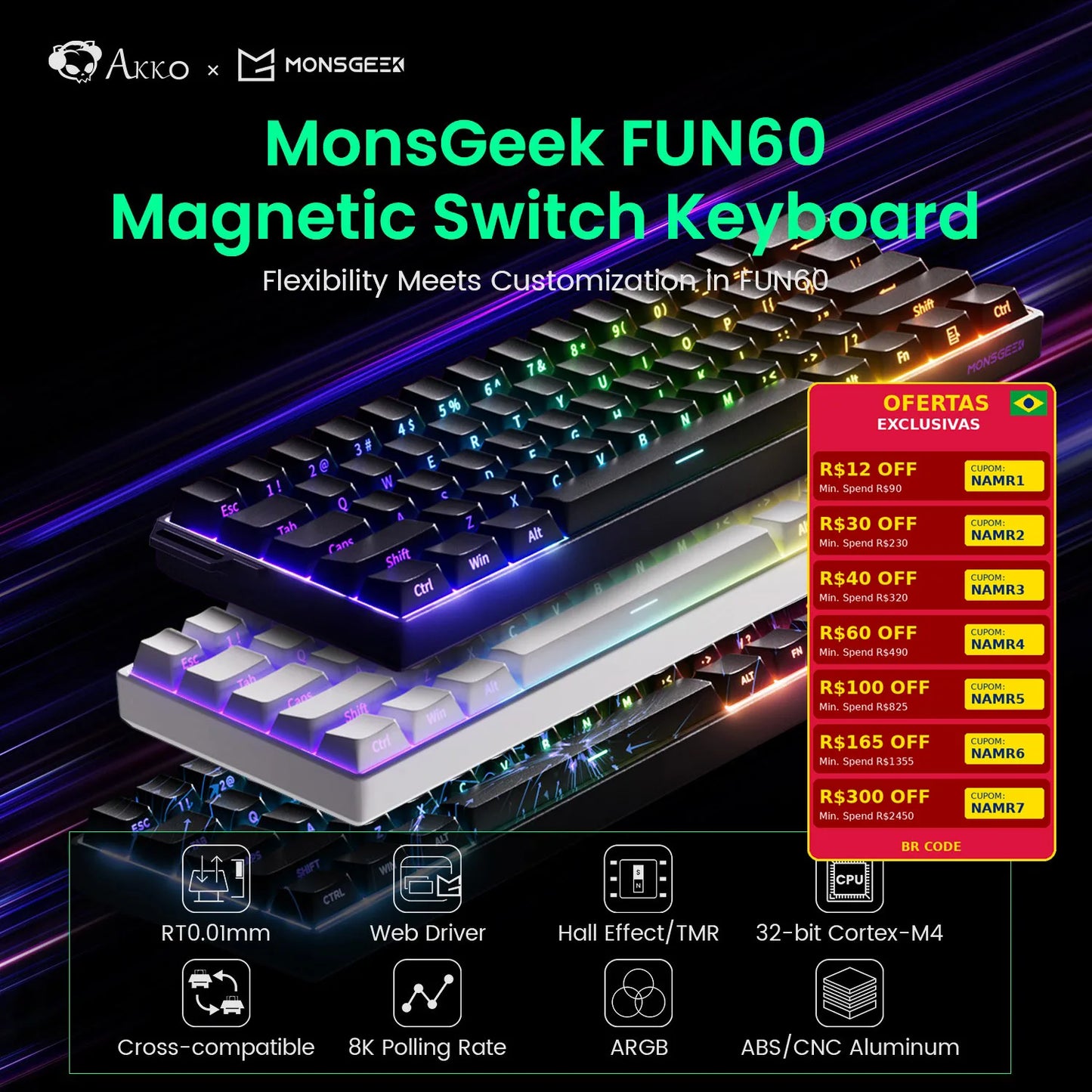 Akko MonsGeek FUN60 mechanische Tastatur mit Magnetschaltern, 60% Gaming-Tastatur, Rapid Trigger 0.01mm, 8K, ARGB, HE/TMR, Custom Keyboard